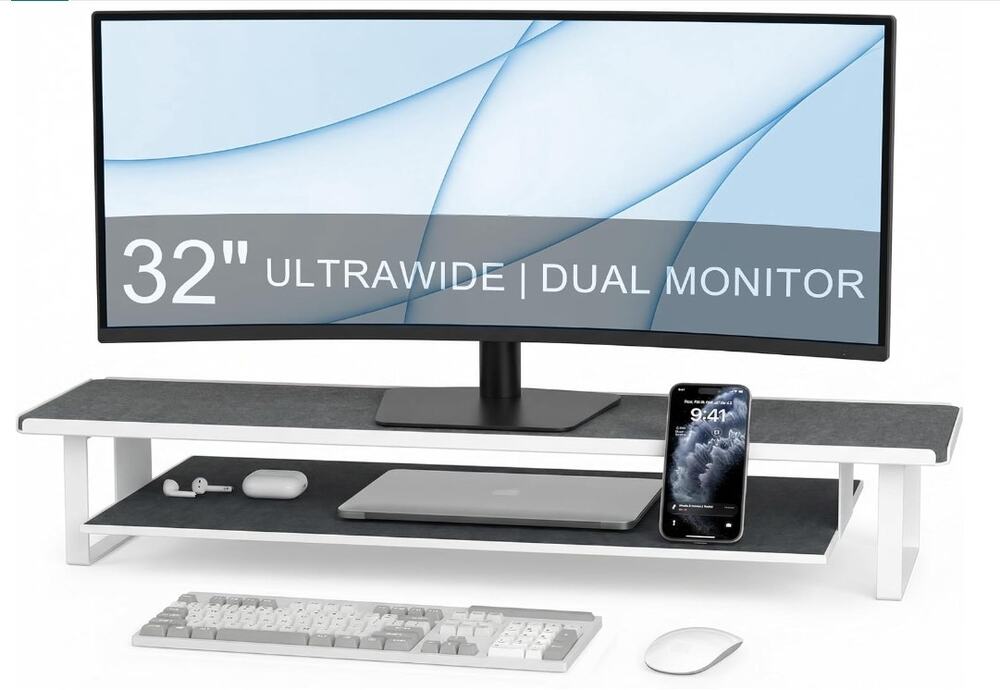 31.5" Dual Monitor Stand Riser Carbon Steel Pull Out Shelf New Open Box